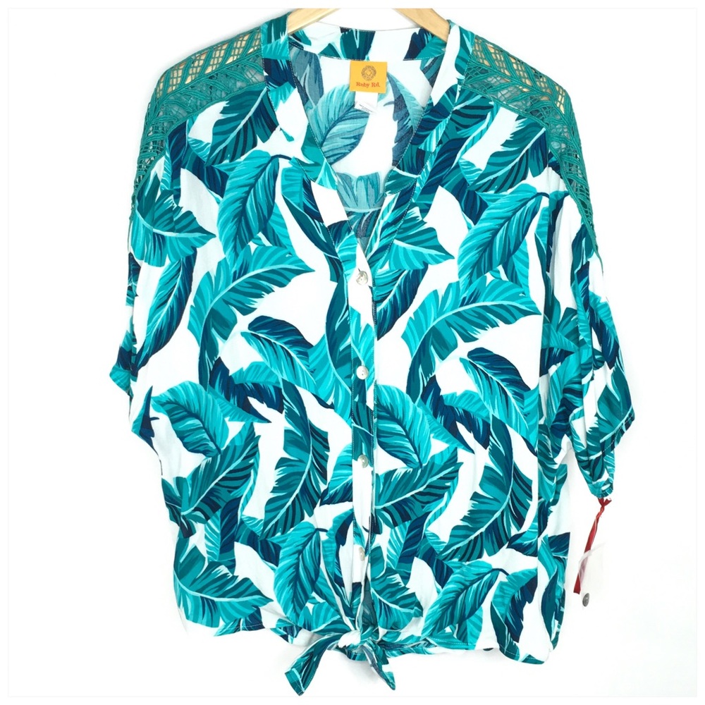 Tropical Tie Front Casual Short Sleeve Shirt XL